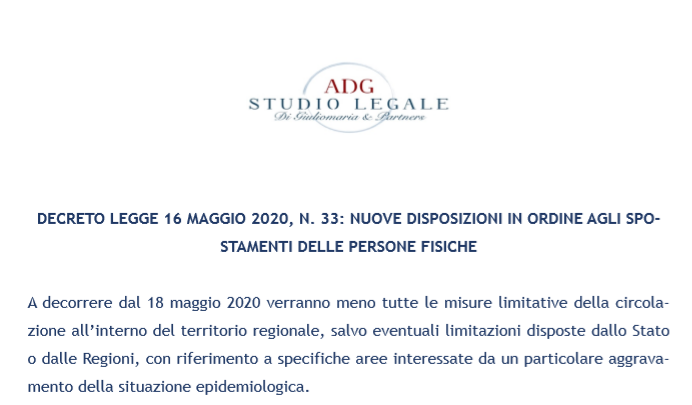 DECRETO LEGGE 16 MAGGIO 2020, N. 33